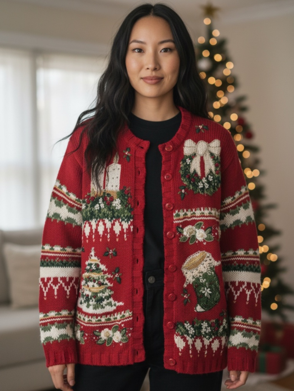 Vtg Tiara International Cardigan Sweater Sz Large Christmas Holiday Red Chunky